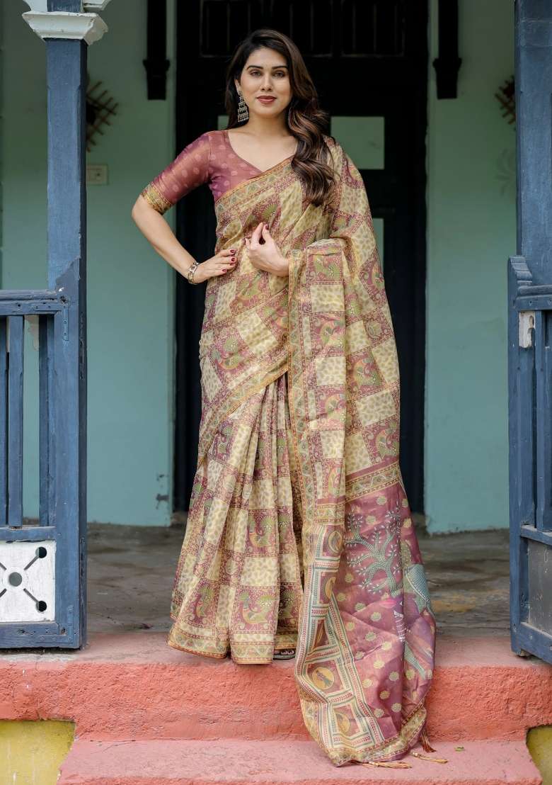 Cream Printed Cotton Saree Set - Indya
