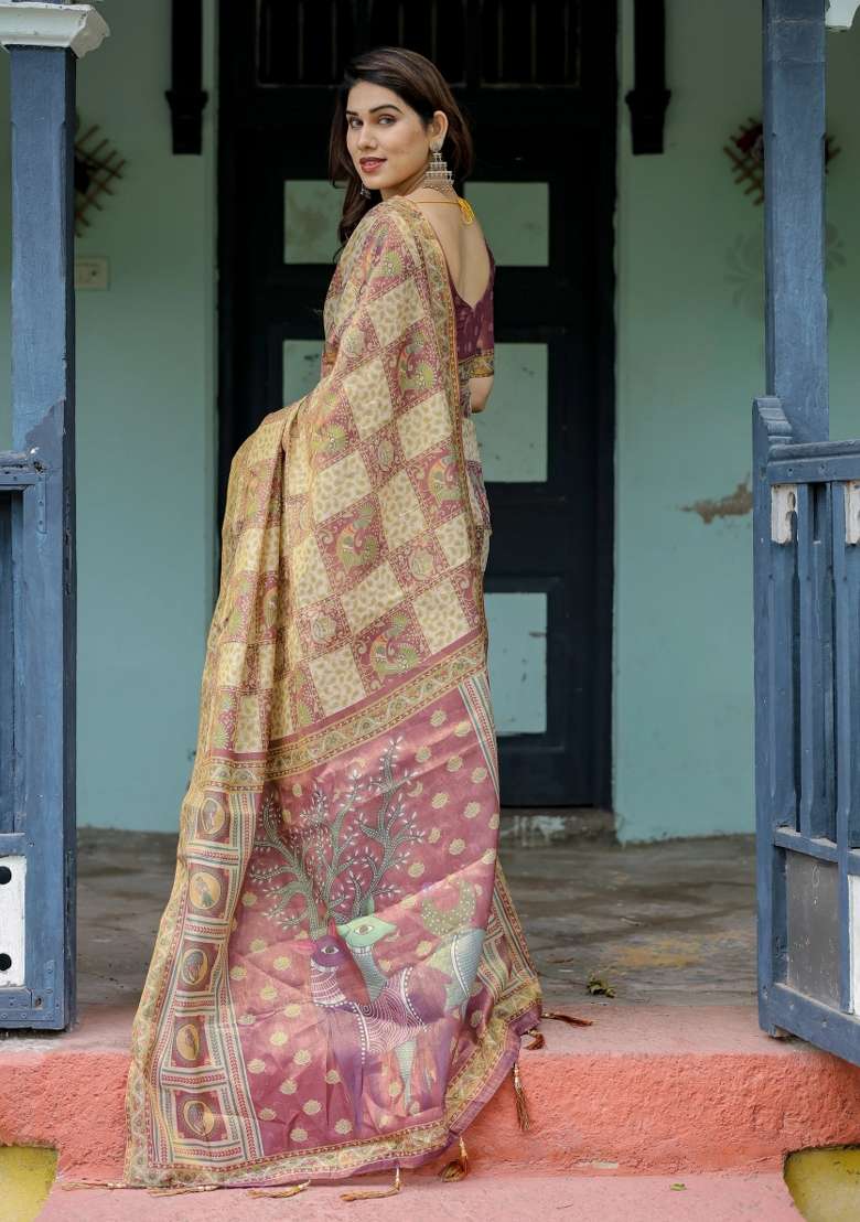 Cream Printed Cotton Saree Set - Indya