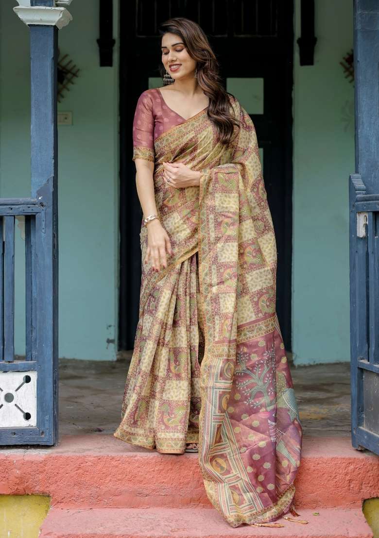 Cream Printed Cotton Saree Set - Indya