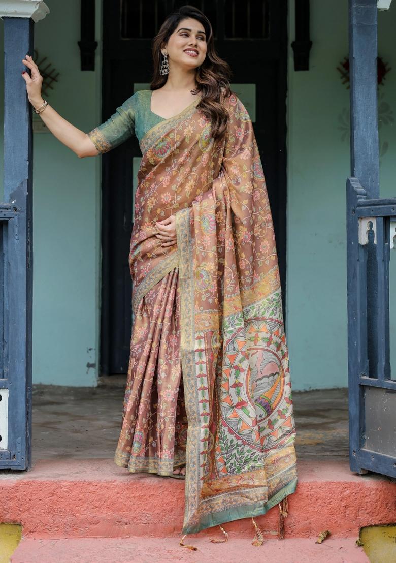Rust Printed Cotton Saree Set