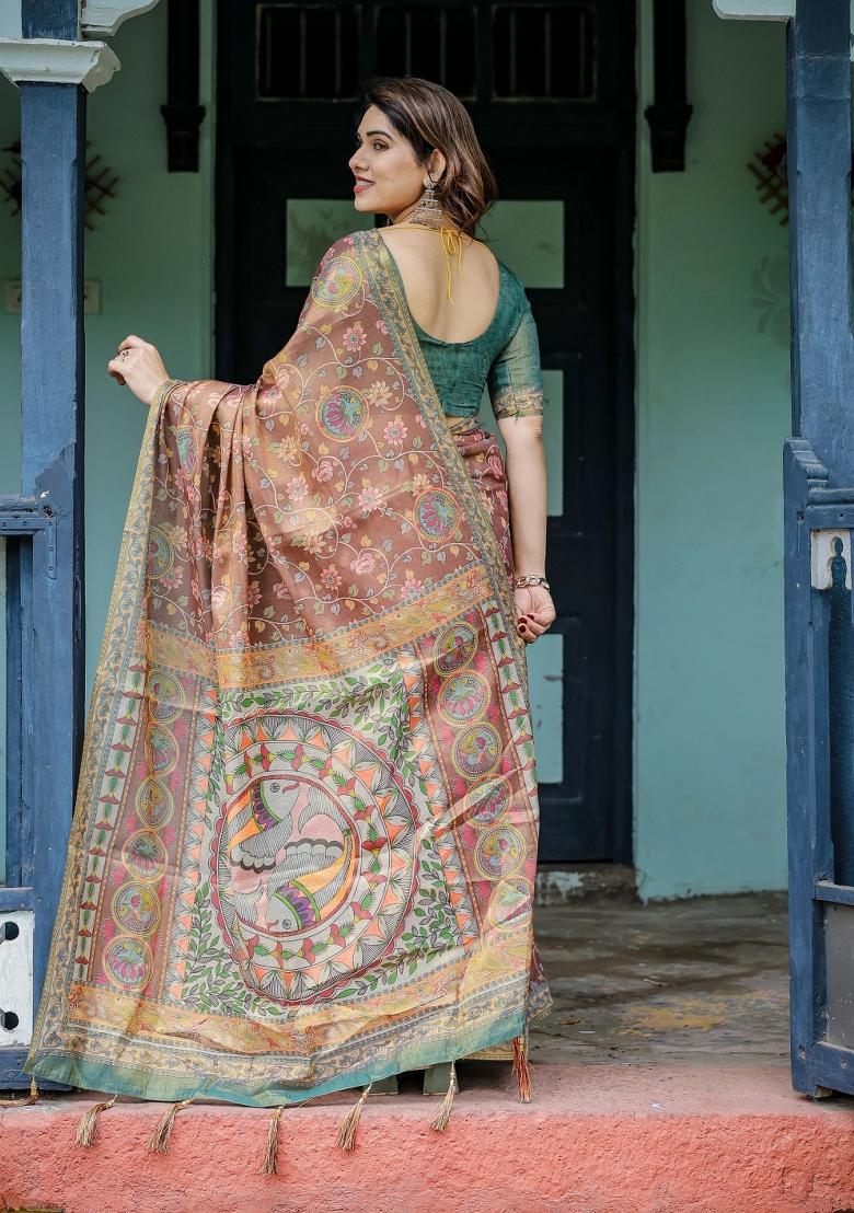 Rust Printed Cotton Saree Set