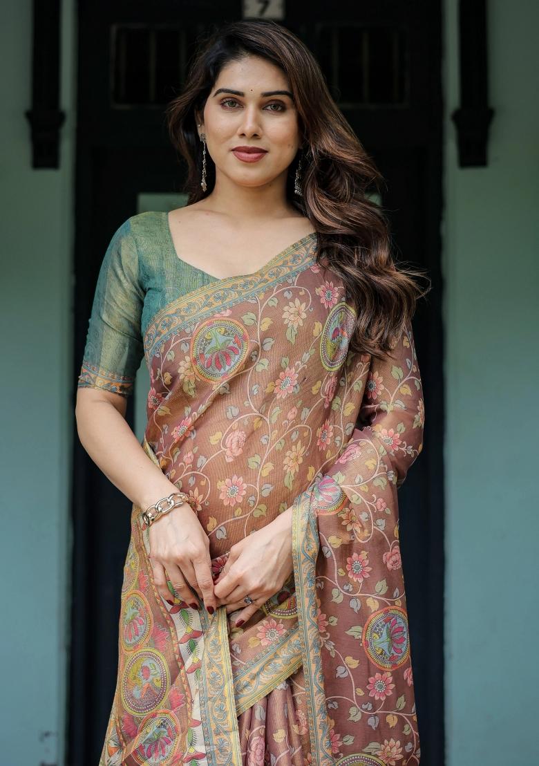 Rust Printed Cotton Saree Set