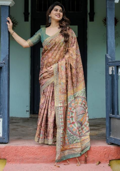 Rust Printed Cotton Saree Set