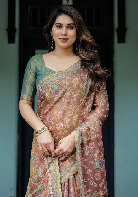 Rust Printed Cotton Saree Set