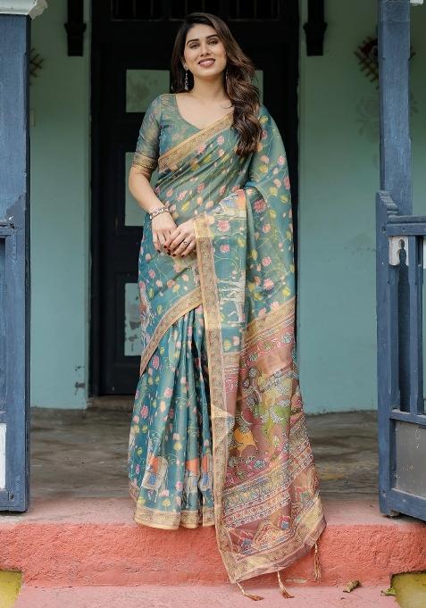 Blue Printed Cotton Saree Set