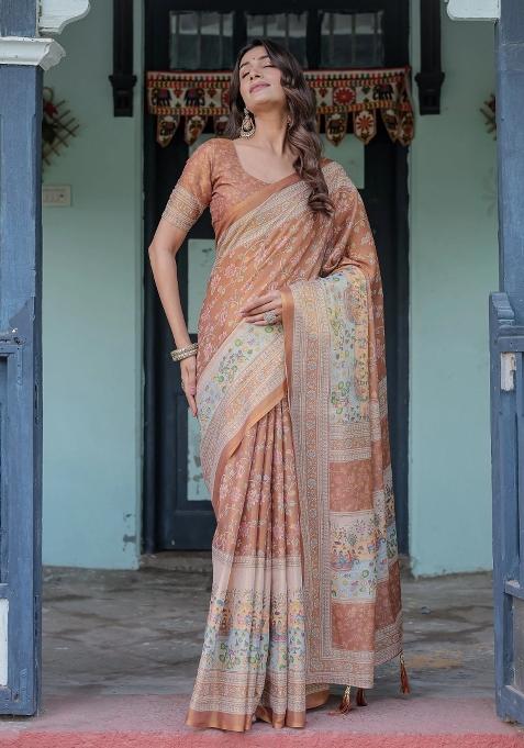 Peach Printed Cotton Saree Set
