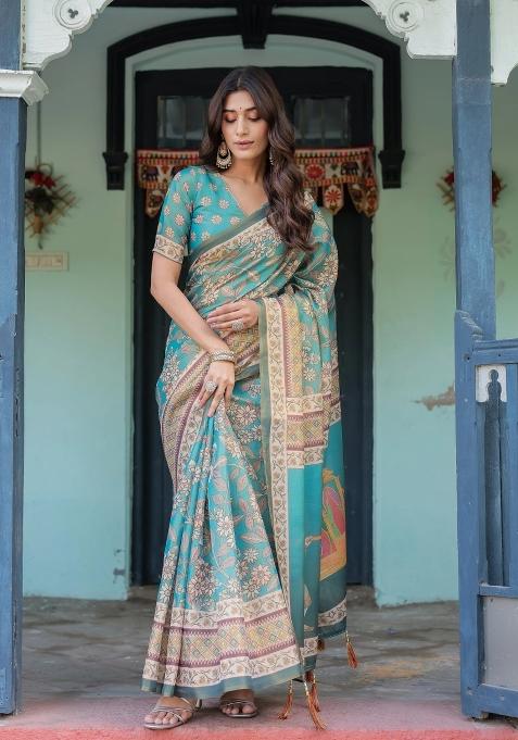 Teal Printed Cotton Saree Set