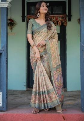 Beige Printed Cotton Saree Set