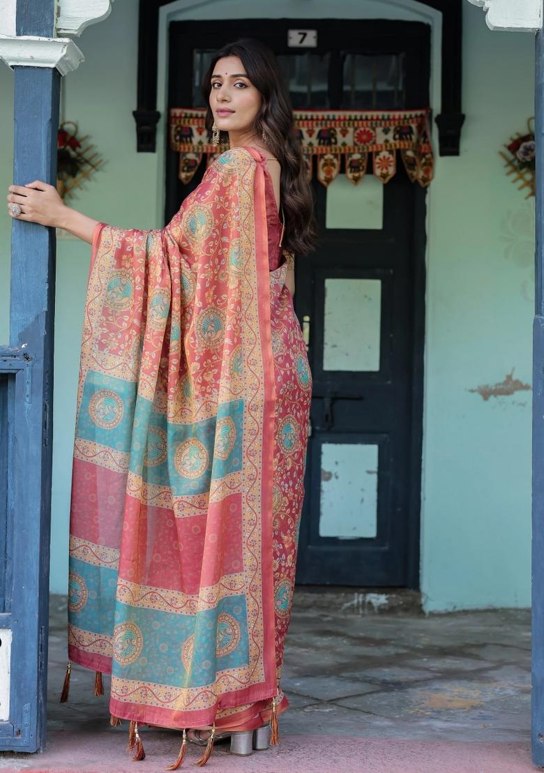 Red Printed Cotton Saree Set