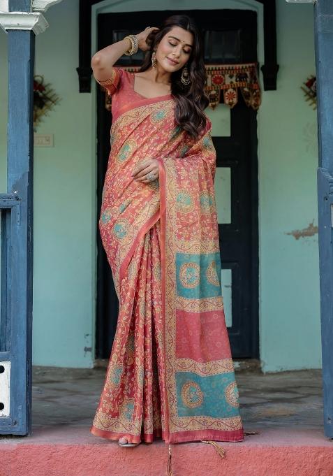 Red Printed Cotton Saree Set