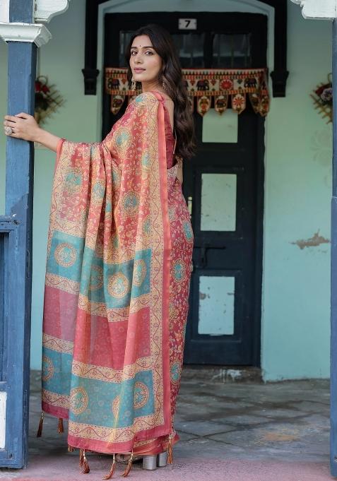 Red Printed Cotton Saree Set