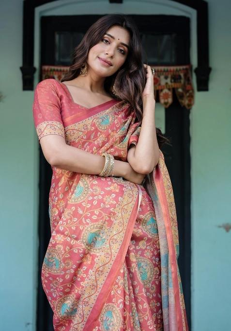 Red Printed Cotton Saree Set