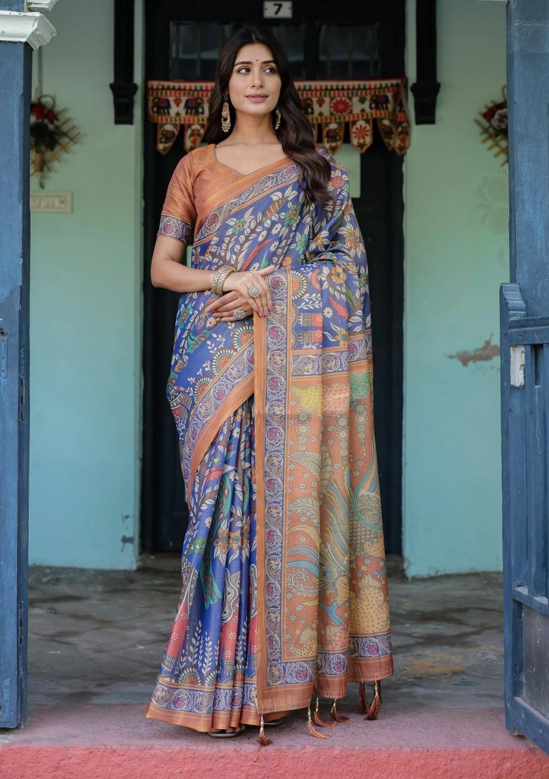 Blue Printed Cotton Saree Set