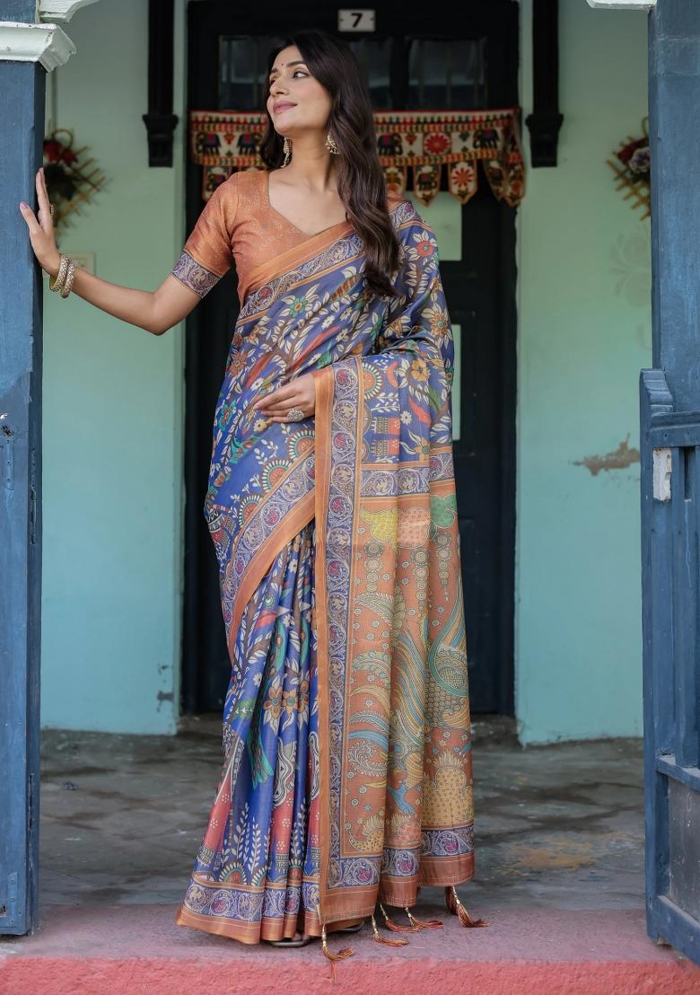 Blue Printed Cotton Saree Set