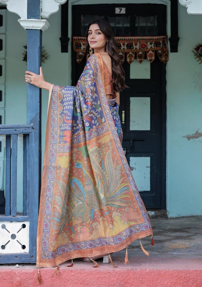 Blue Printed Cotton Saree Set