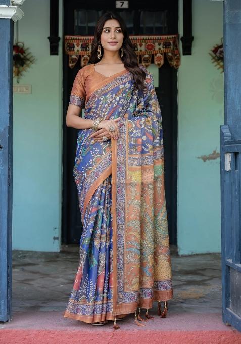 Blue Printed Cotton Saree Set