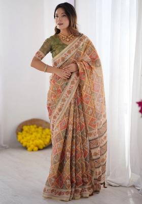 Multicolor Printed Cotton Saree Set