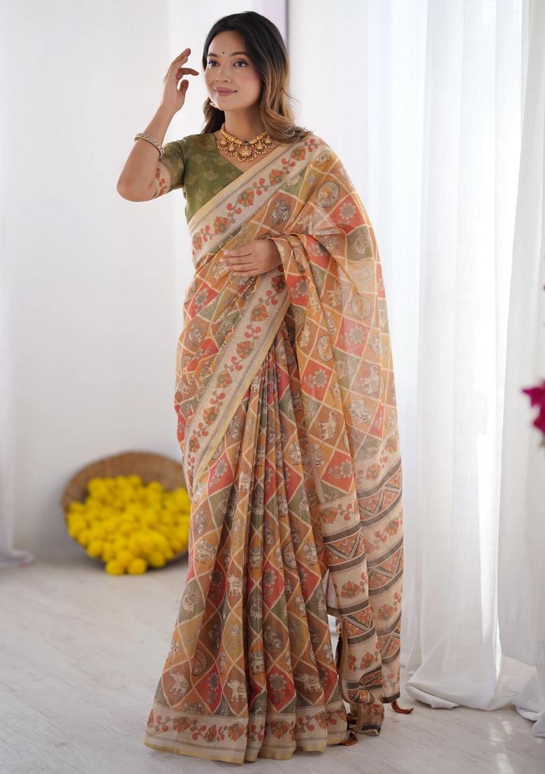 Multicolor Printed Cotton Saree Set