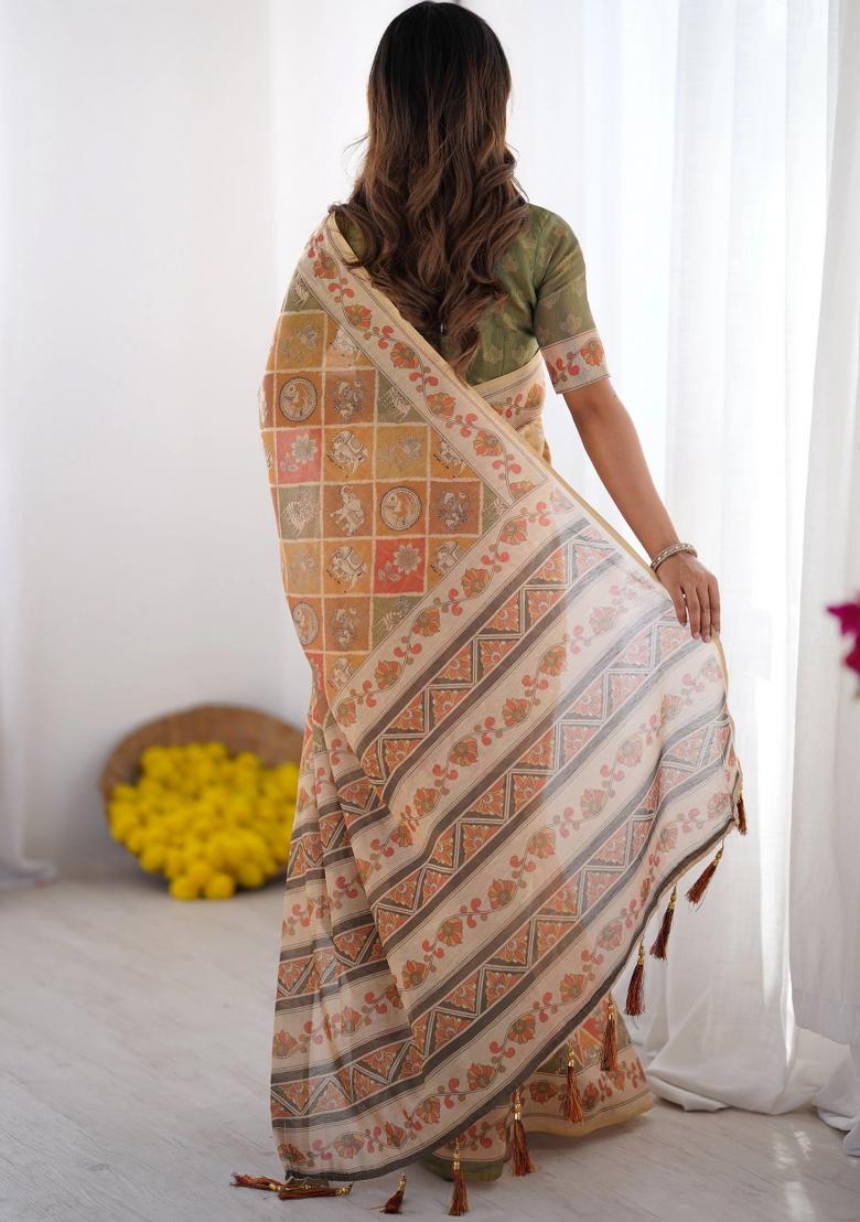 Multicolor Printed Cotton Saree Set