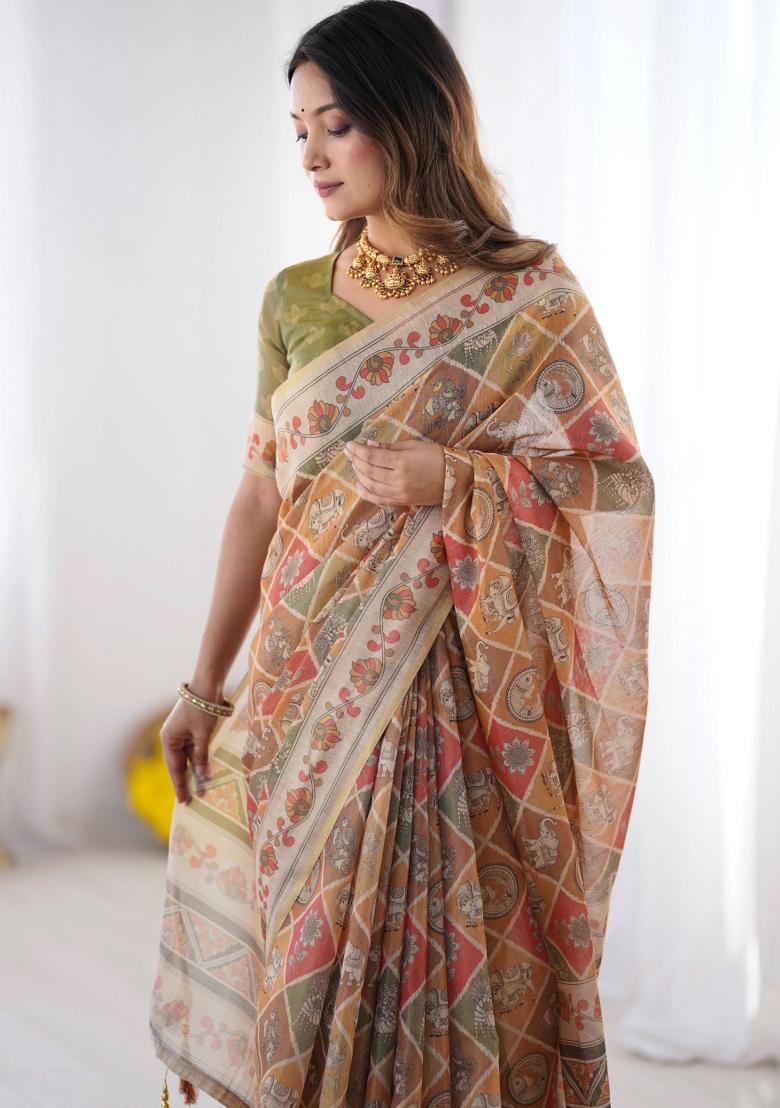 Multicolor Printed Cotton Saree Set