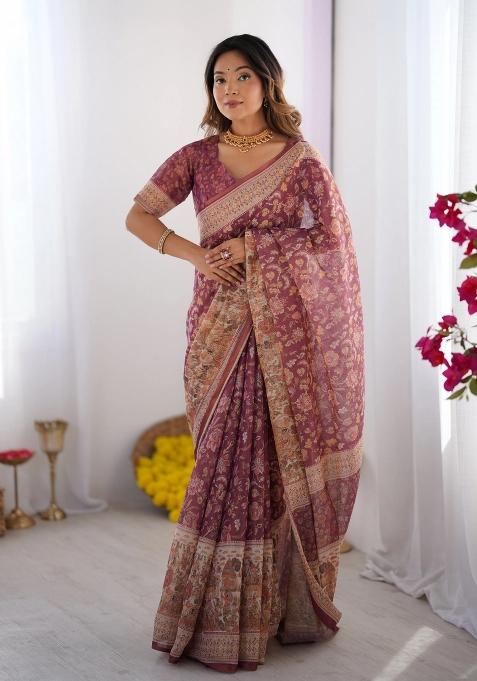Plum Printed Cotton Saree Set