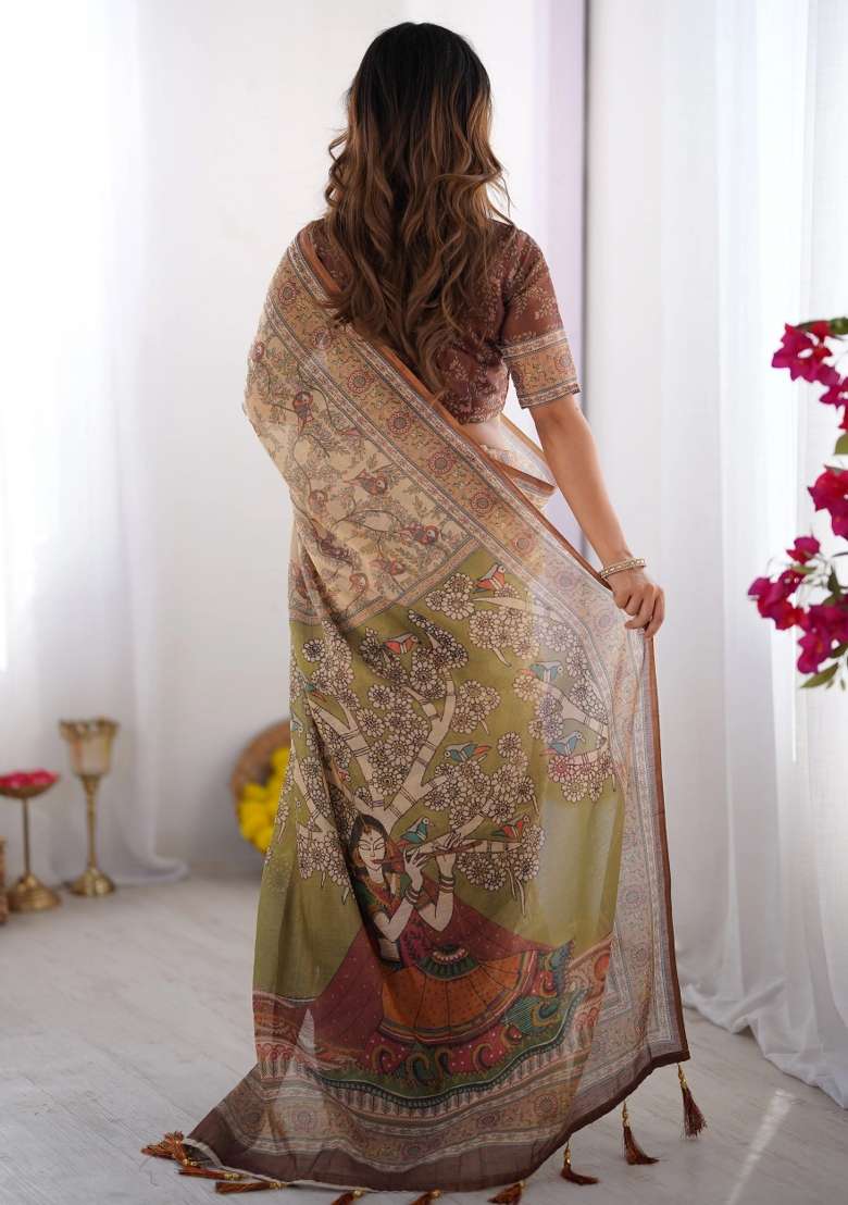 Beige Printed Cotton Saree Set - Indya