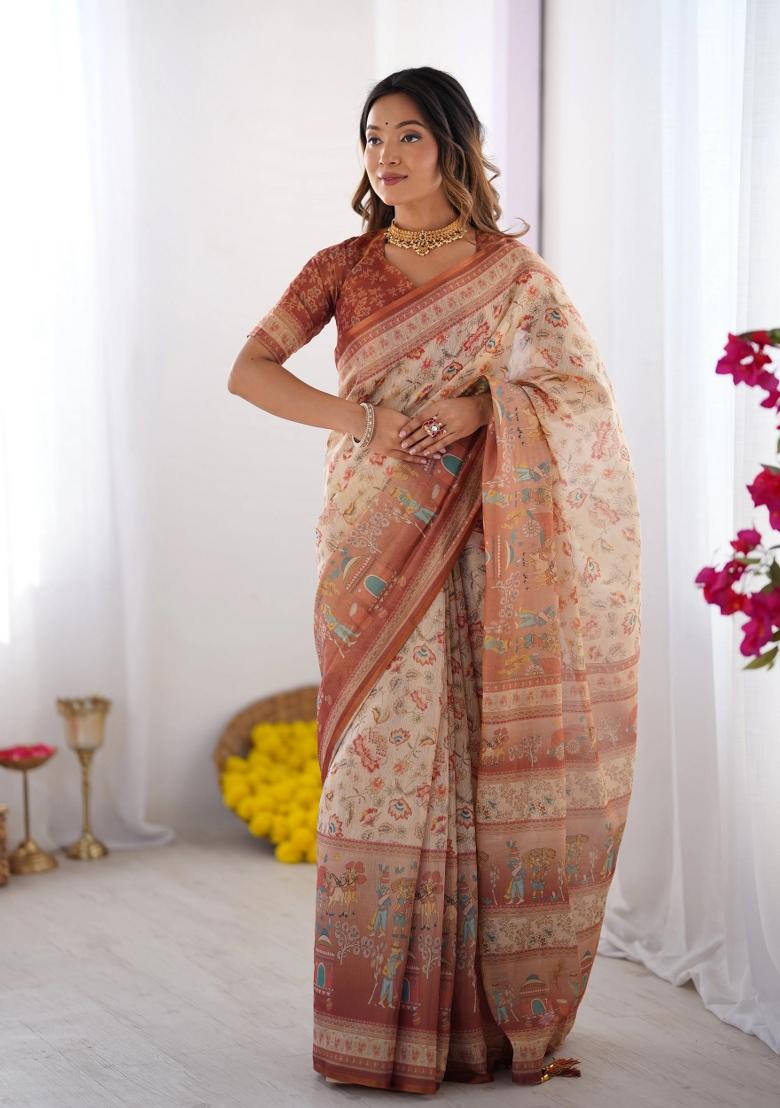 Ivory Printed Cotton Saree Set