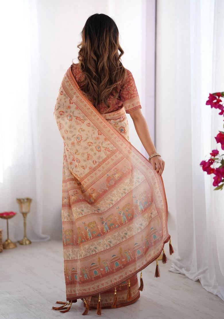 Ivory Printed Cotton Saree Set