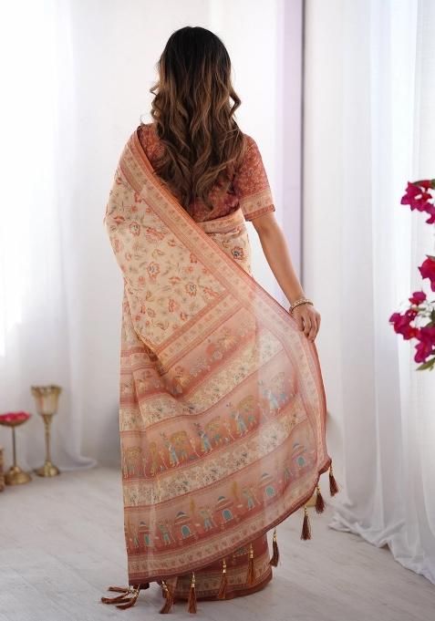 Ivory Printed Cotton Saree Set