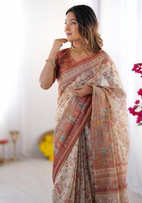 Ivory Printed Cotton Saree Set