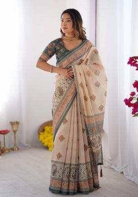 Ivory Printed Cotton Saree Set