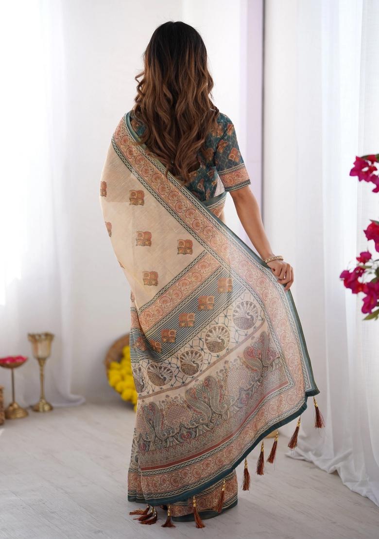 Ivory Printed Cotton Saree Set