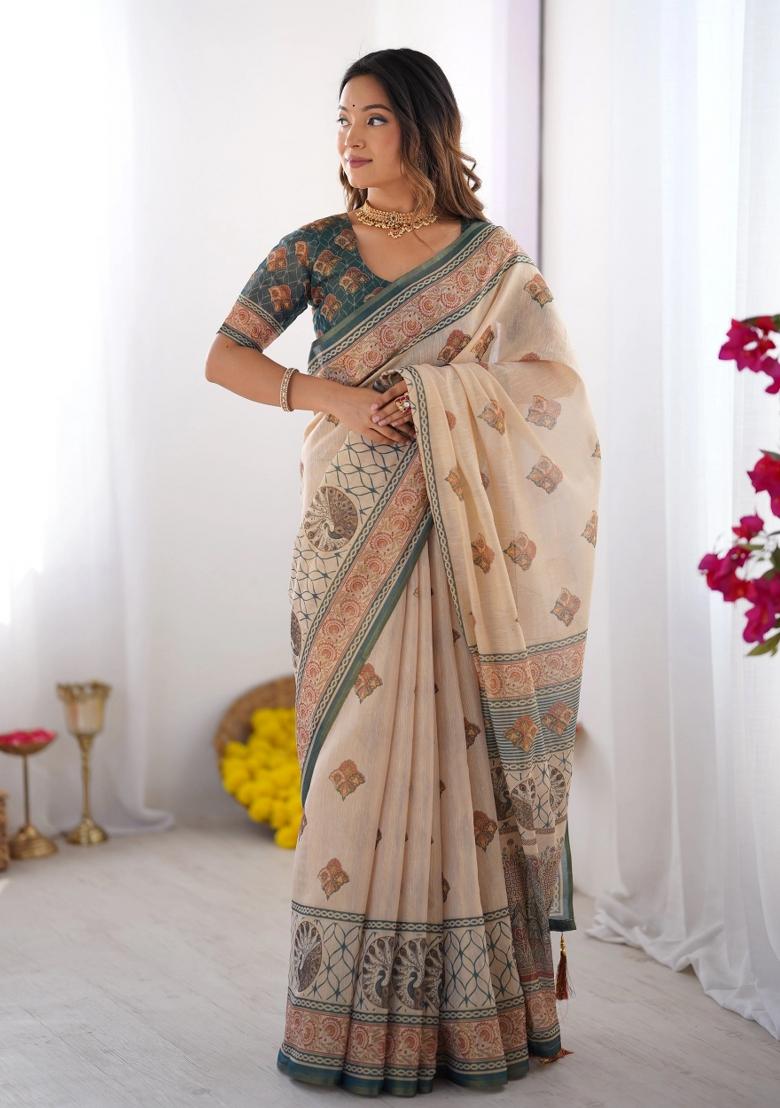 Ivory Printed Cotton Saree Set