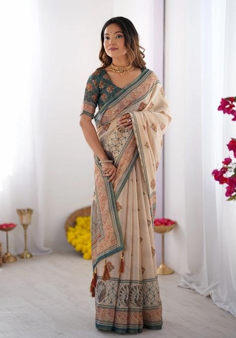 Ivory Printed Cotton Saree Set