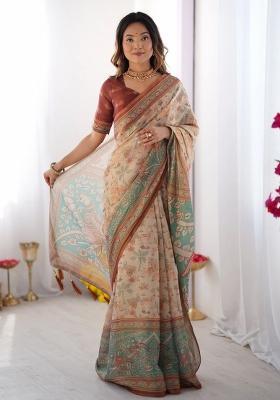 Beige Printed Cotton Saree Set