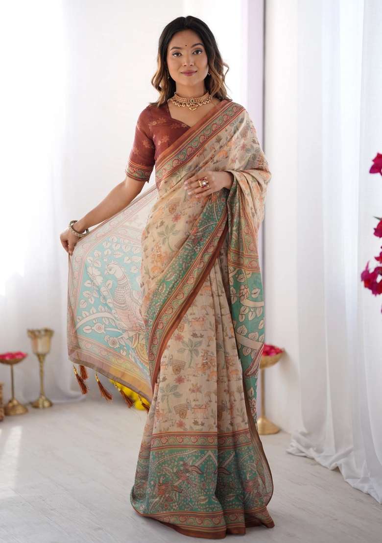 Beige Printed Cotton Saree Set - Indya