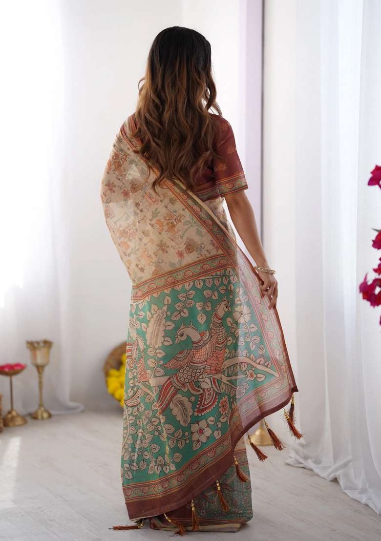 Beige Printed Cotton Saree Set - Indya