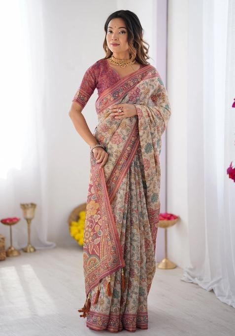 Cream Printed Cotton Saree Set
