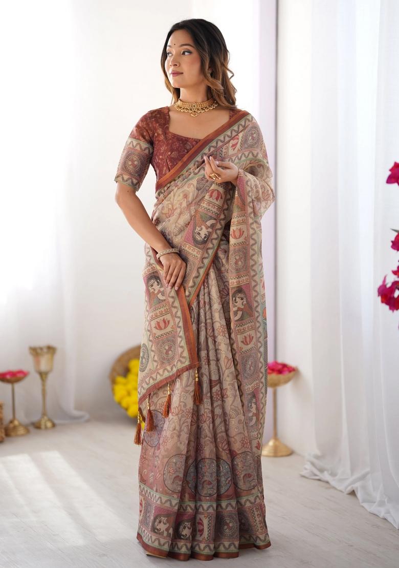Beige Printed Cotton Saree Set