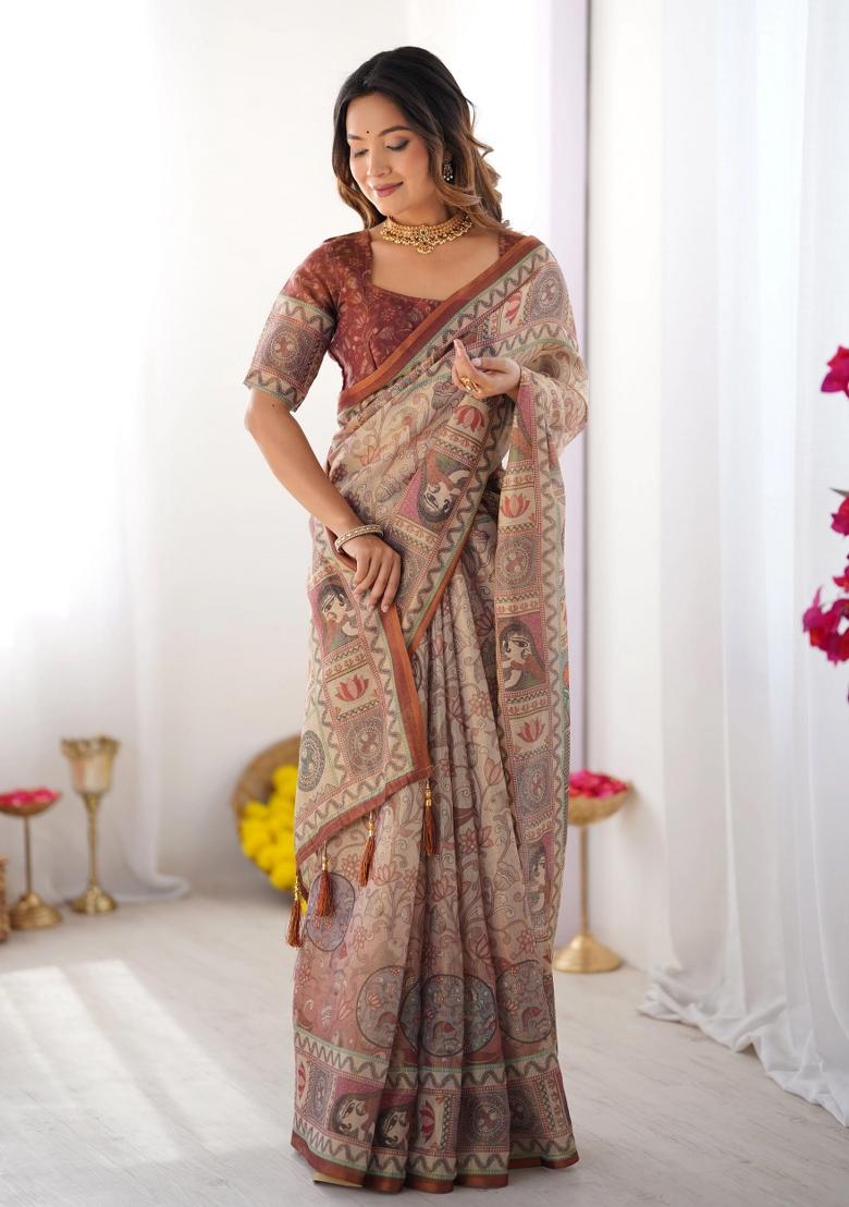 Beige Printed Cotton Saree Set