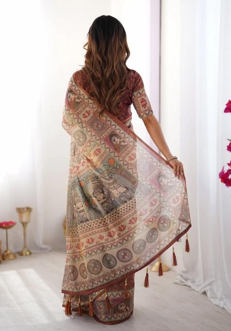 Beige Printed Cotton Saree Set