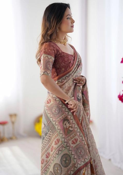 Beige Printed Cotton Saree Set