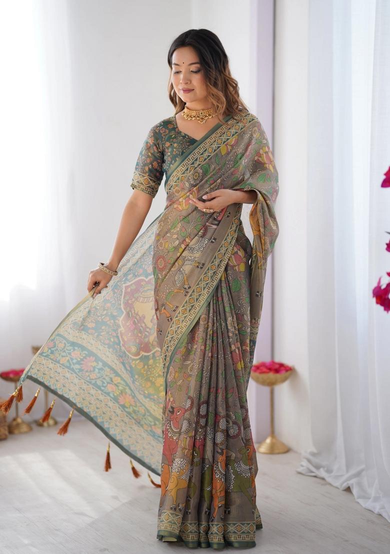 Teal Printed Cotton Saree Set