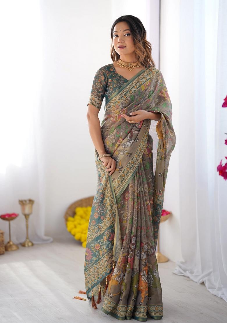 Teal Printed Cotton Saree Set