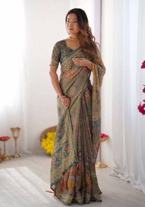 Teal Printed Cotton Saree Set
