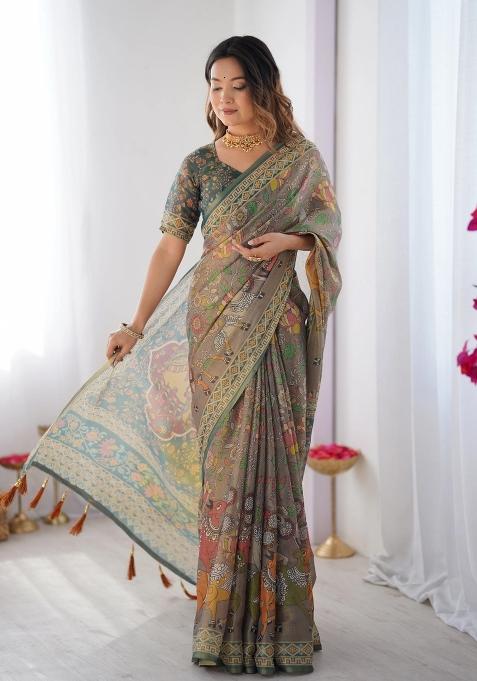 Teal Printed Cotton Saree Set