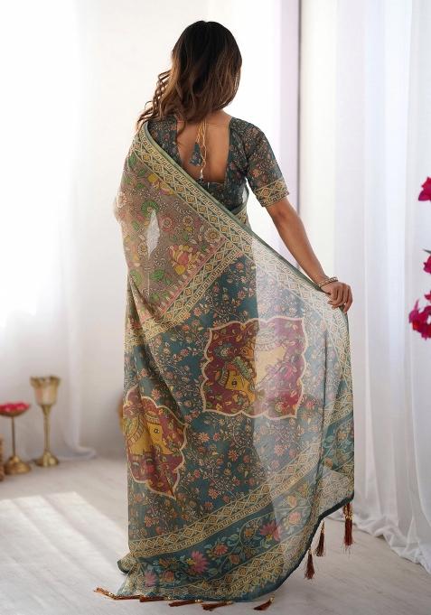 Teal Printed Cotton Saree Set