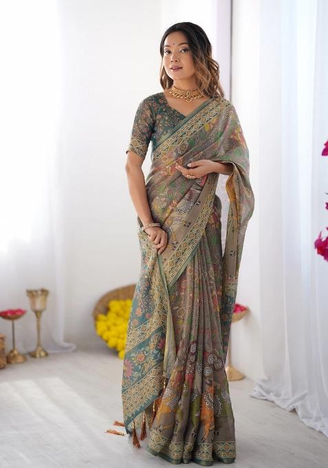 Teal Printed Cotton Saree Set