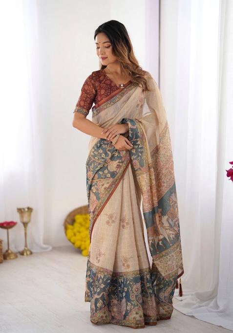 Beige Printed Cotton Saree Set