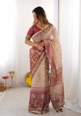 Beige Printed Cotton Saree Set
